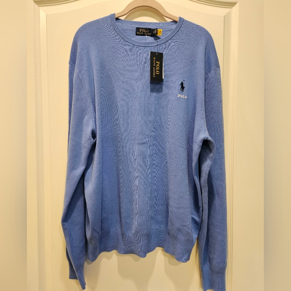NWT Polo Ralph Lauren Cotton Embroidered Logo Crewneck Sweater Blue Mens XL - Picture 3 of 16
